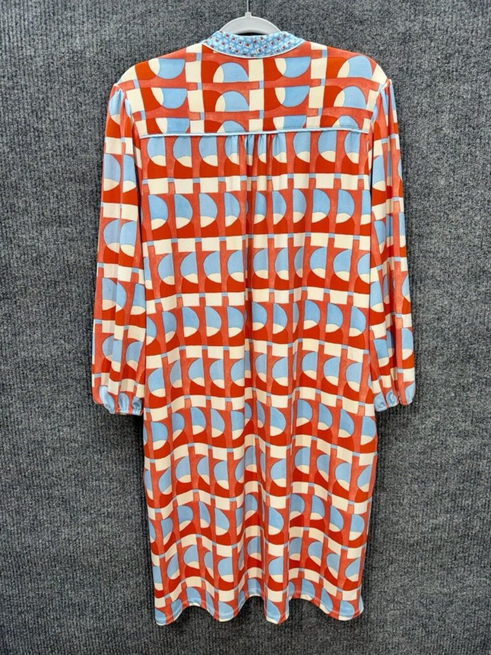 J McLaughlin Emer Shift Dress Women Large Blue Orange Coral Long Sleeve Pockets - Picture 6 of 12